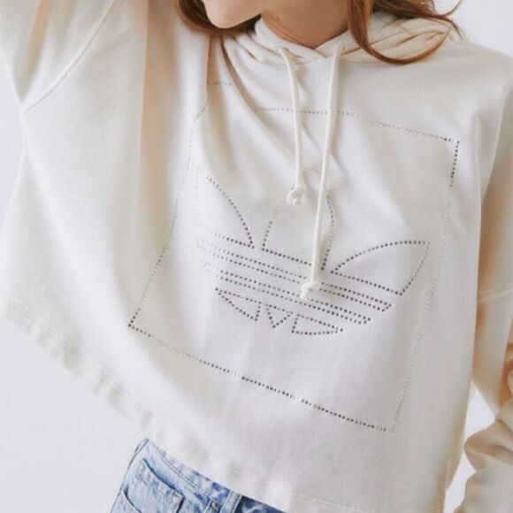 Adidas Off White Rhinestone Logo Cropped Hoodie Size M - Picture 2 of 10
